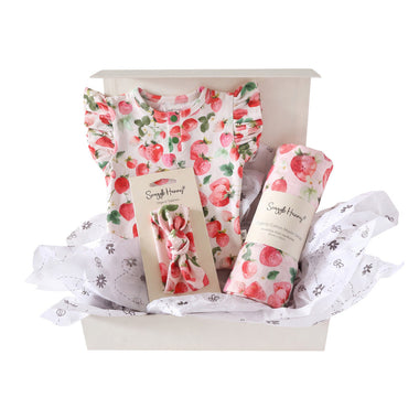 Snuggle Hunny Classic Strawberry gift hamper in a cream gift box with organic frill bodysuit, topknot and print muslin wrap