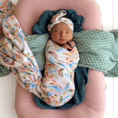 Summer Palm Organic Jersey Wrap & Topknot Set | Snuggle Hunny
