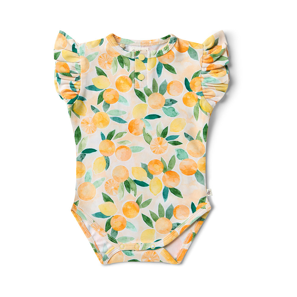 Sunny Citrus Short Sleeve Organic Bodysuit with Frill - View 2