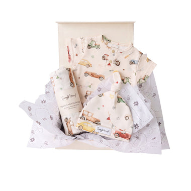 Snuggle Hunny Classic Vintage Cars gift hamper in a cream gift box with organic bodysuit, knotted beanie and print muslin wrap